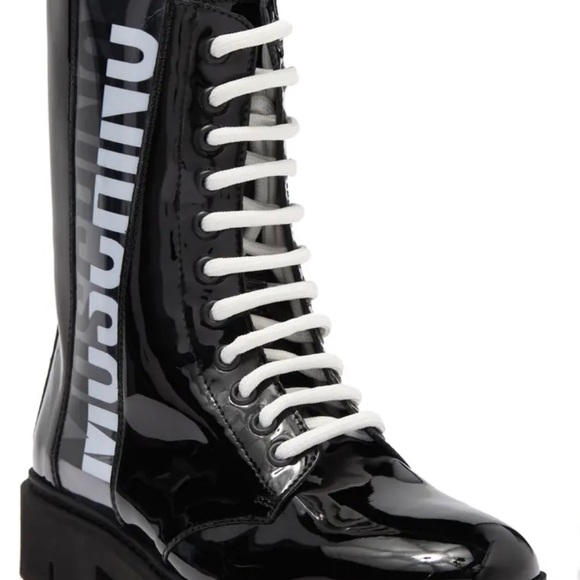 MOSCHINO Logo Synthetic Patent Leather Combat Lace Up Boot Size 39 NEW - Picture 11 of 12